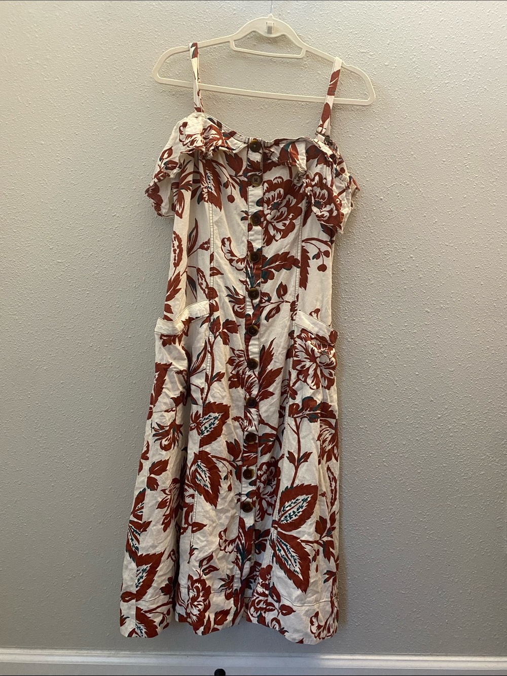 Anthropologie Rust Floral Button-Front Midi Dress on White
